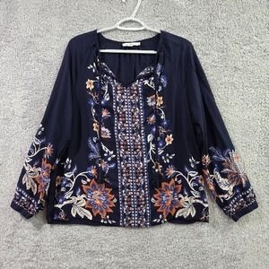Chicos Blouse Women's (8) Medium Navy Blue Floral Tassel Boho Peasant Top
